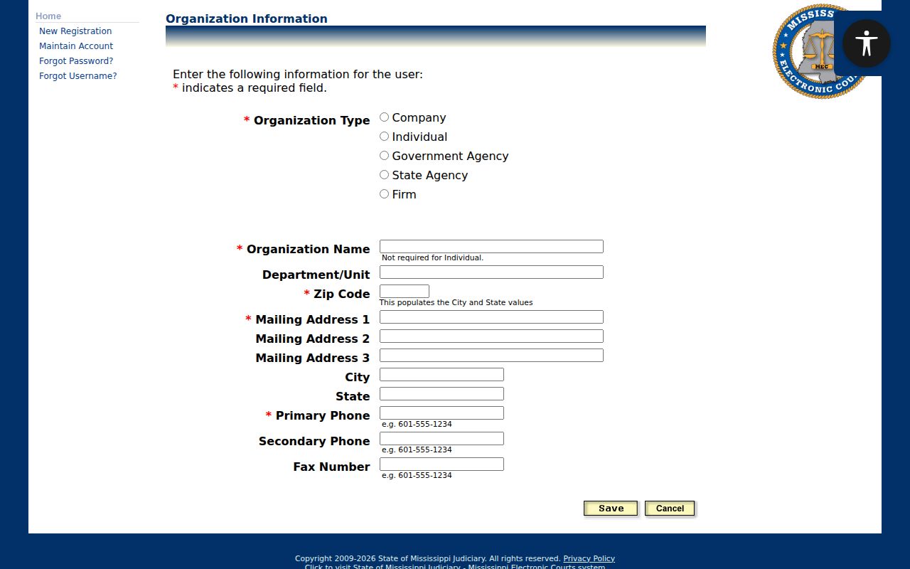 Clay County case lookup PAMEC organization registration screen