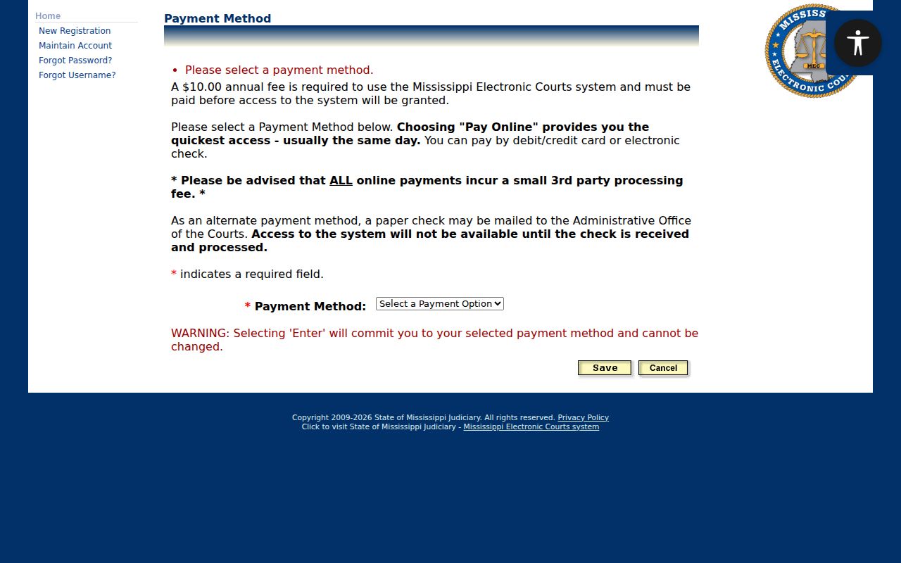 Clay County case lookup PAMEC payment method screen