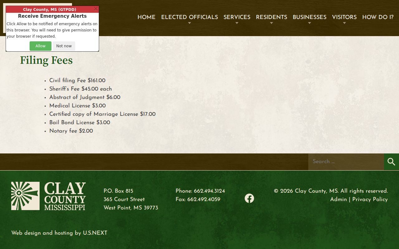 Clay County civil docket filing fee information from the Circuit Clerk