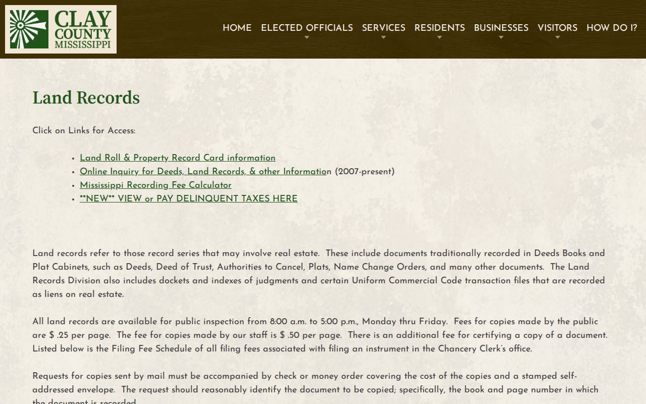 Clay County civil docket and land record access through the Chancery Clerk