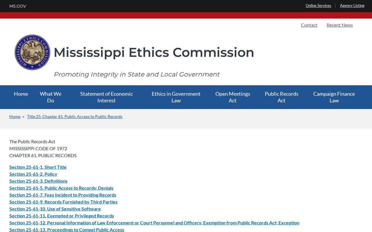 Mississippi Ethics Commission public records act information page