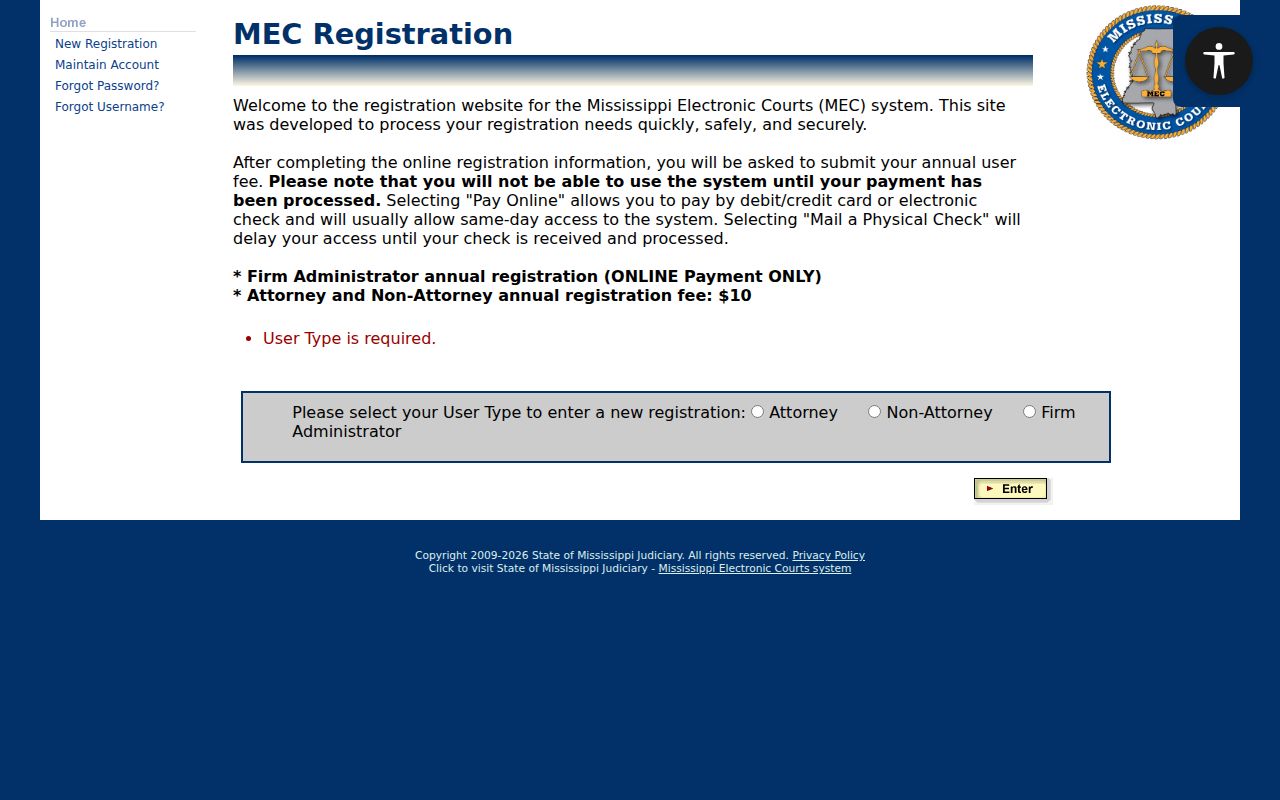 Official PAMEC registration page showing public access user types