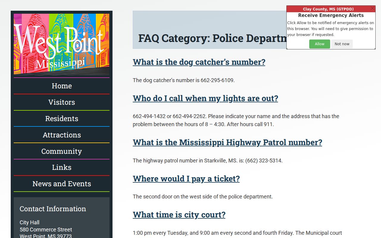 West Point official police FAQ page with ticket payment and Municipal Court contact information